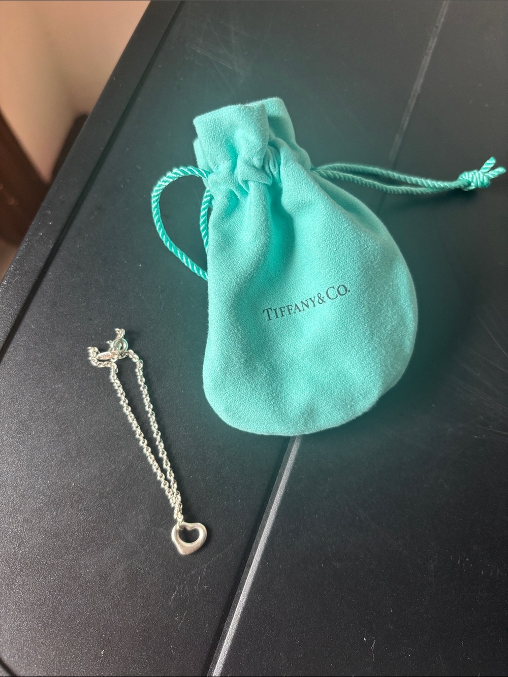 Tiffany & Co. Sterling Silver Open Heart bracelet with Signature Blue Pouch